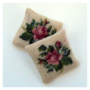 Open House Miniatures - Rose and Forget-me-not needlework miniature cushion